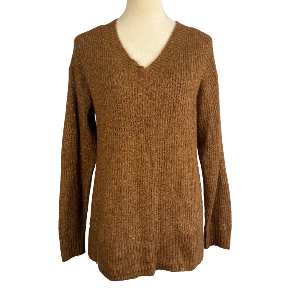 Metallic Sparkle Knit V Neck Long Sleeve Sweater Brown Womens Small Minimalist